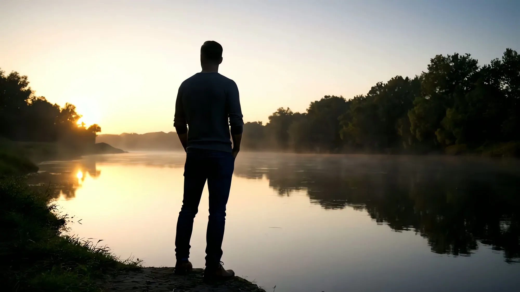 A person standing alone at the water’s edge at dusk, looking out