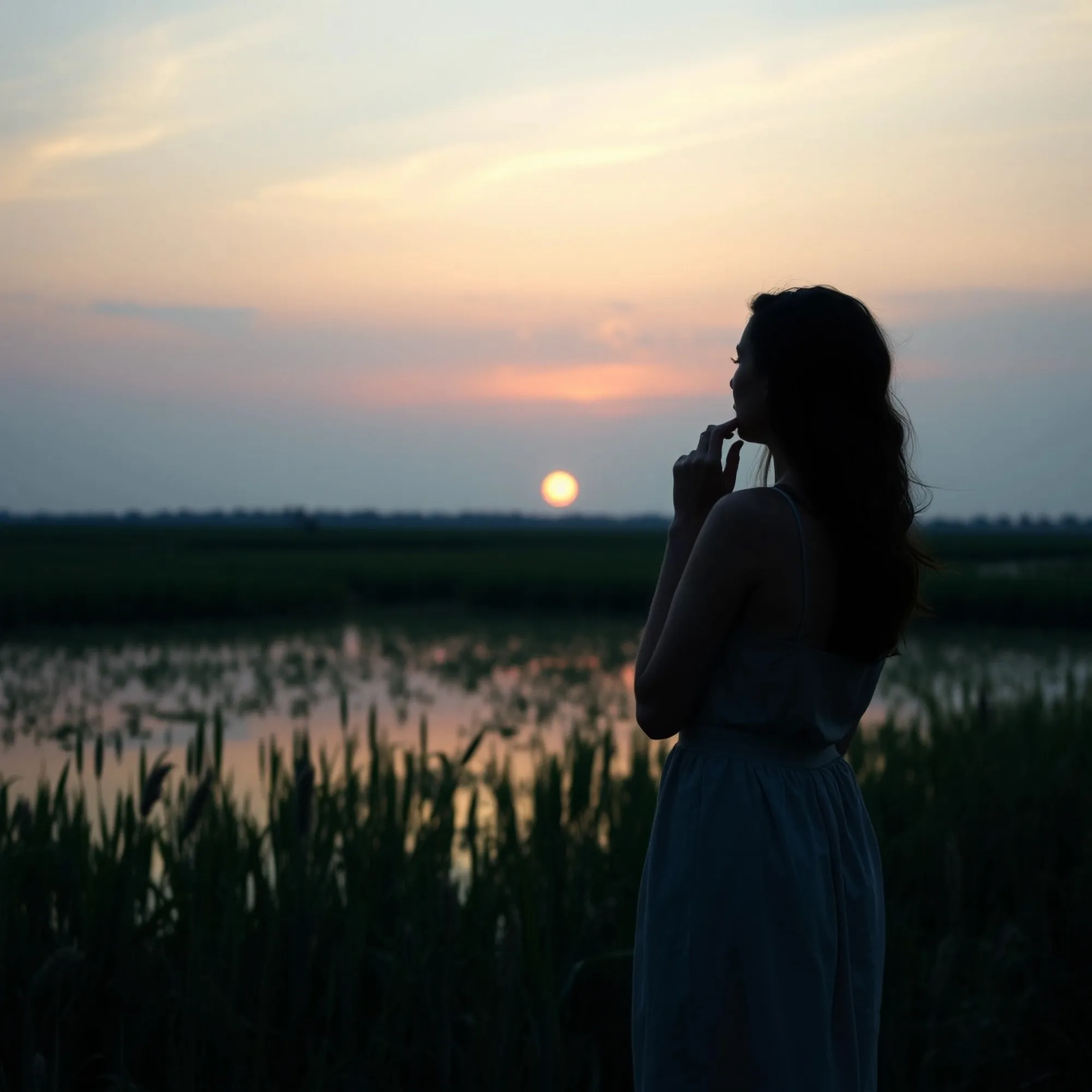 A person looking out over open water at sunset